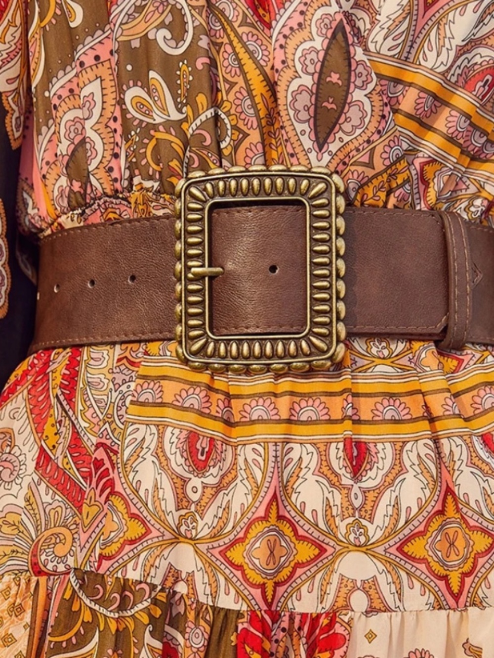 Western Gold Tone Square Buckle Brown Vegan Leather Wide Belt